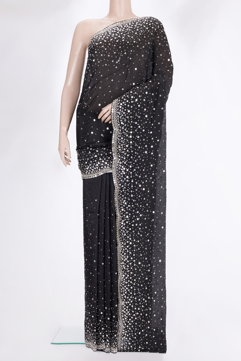 Black Crepe Saree with Embroidered on the body and Sequin Border.  displayed on a mannequin