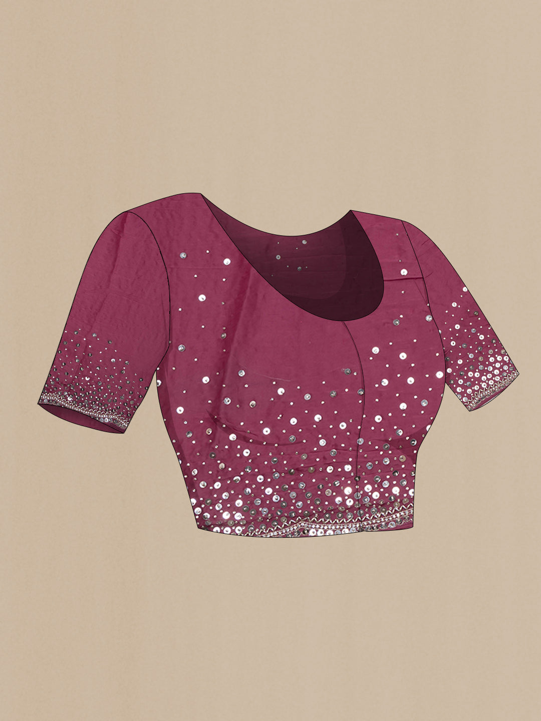 Close up image of the blouse of Magenta Organza Saree with Embroidered on the body and Sequin Border. 