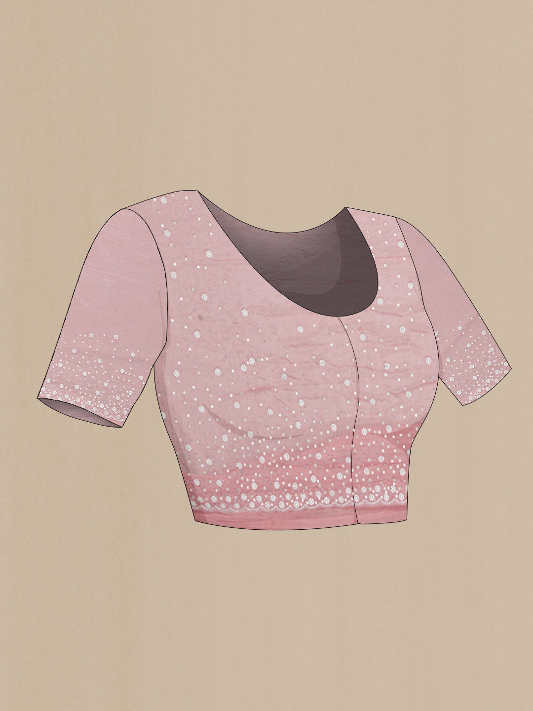 Close up image of the blouse of Pink Organza Saree with Embroidered on the body and Sequin Border. 