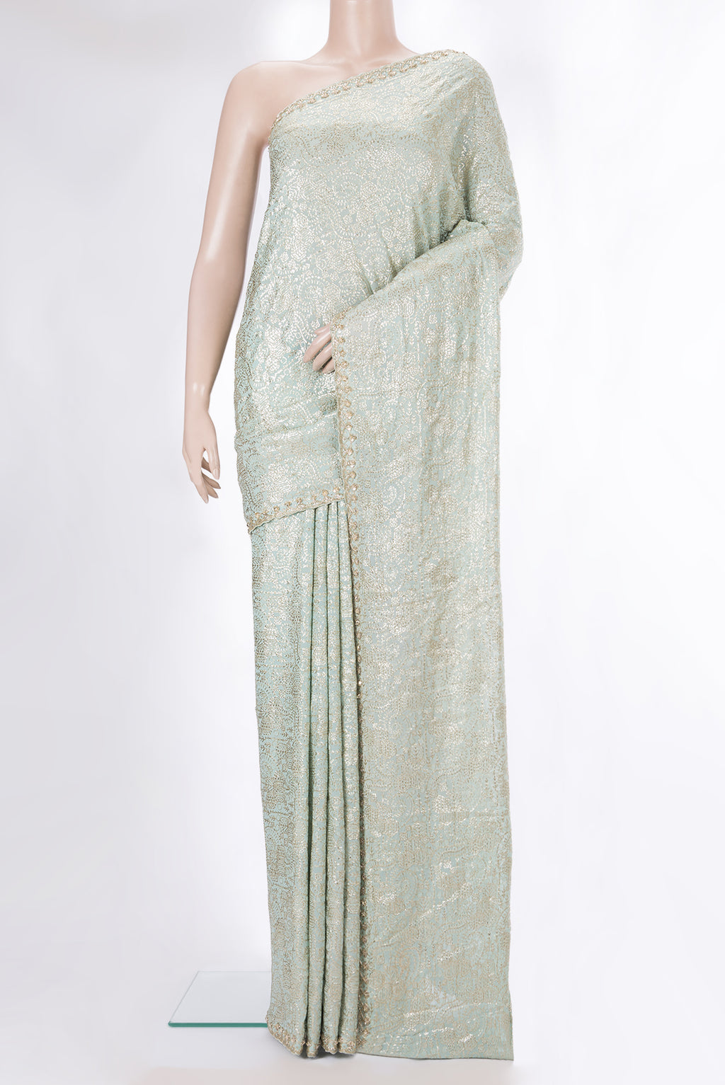 Light Blue Dual Tone Georgette Saree with Embroidery on the body and Sequin Border.  displayed on a mannequin