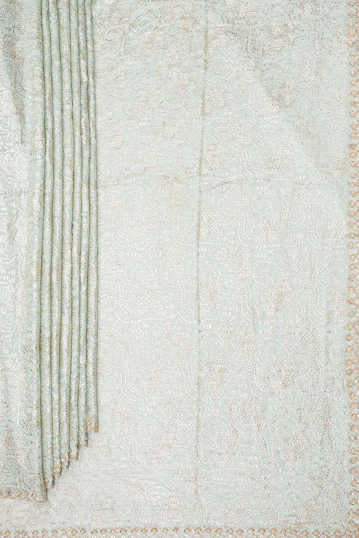 Pleats and pallu of Light Blue Dual Tone Georgette Saree with Embroidery on the body and Sequin Border. 