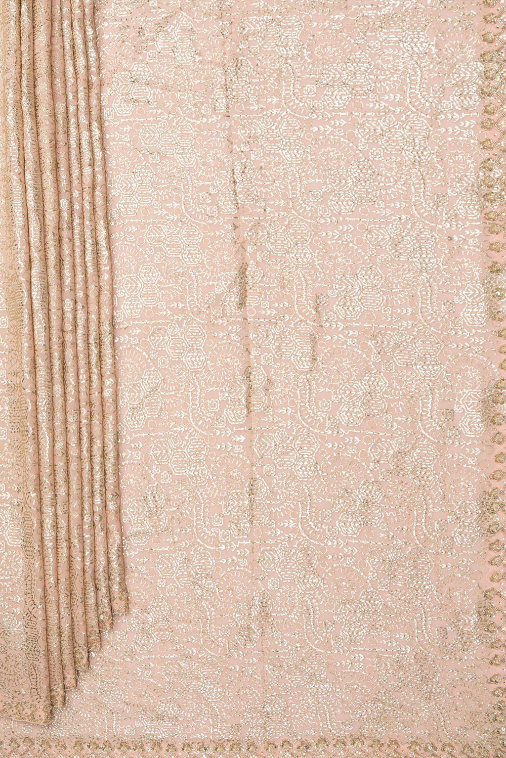 Pleats and pallu of Peach Dual Tone Georgette Saree with Embroidered on the body and Sequin Border. 
