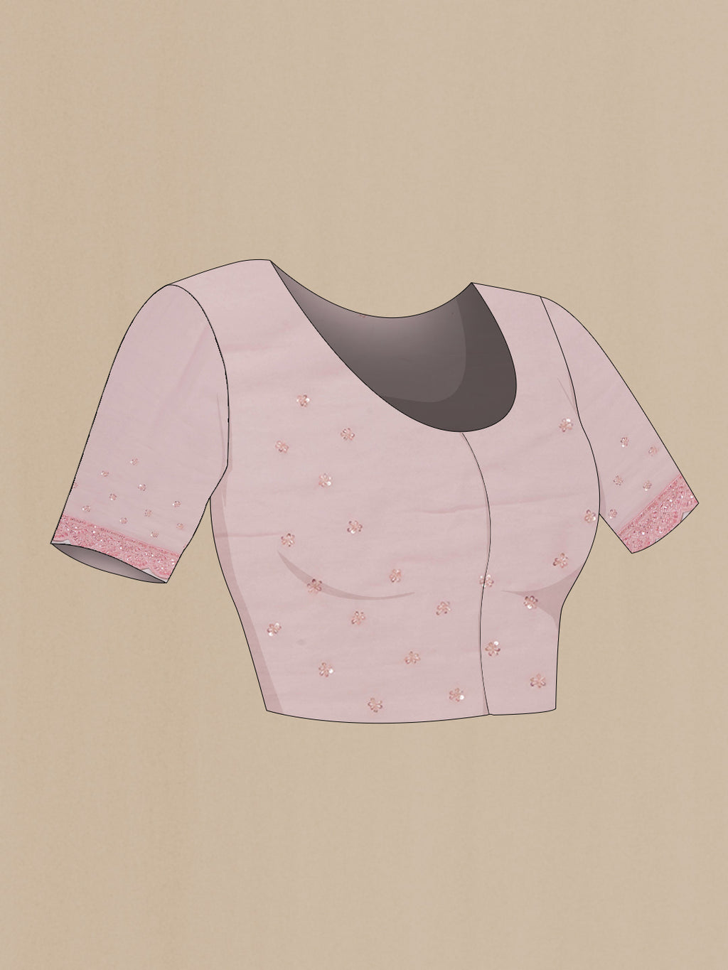 Close up image of the blouse of Rose pink Georgette Saree with Embroidered on the body and Embroidered Border. 