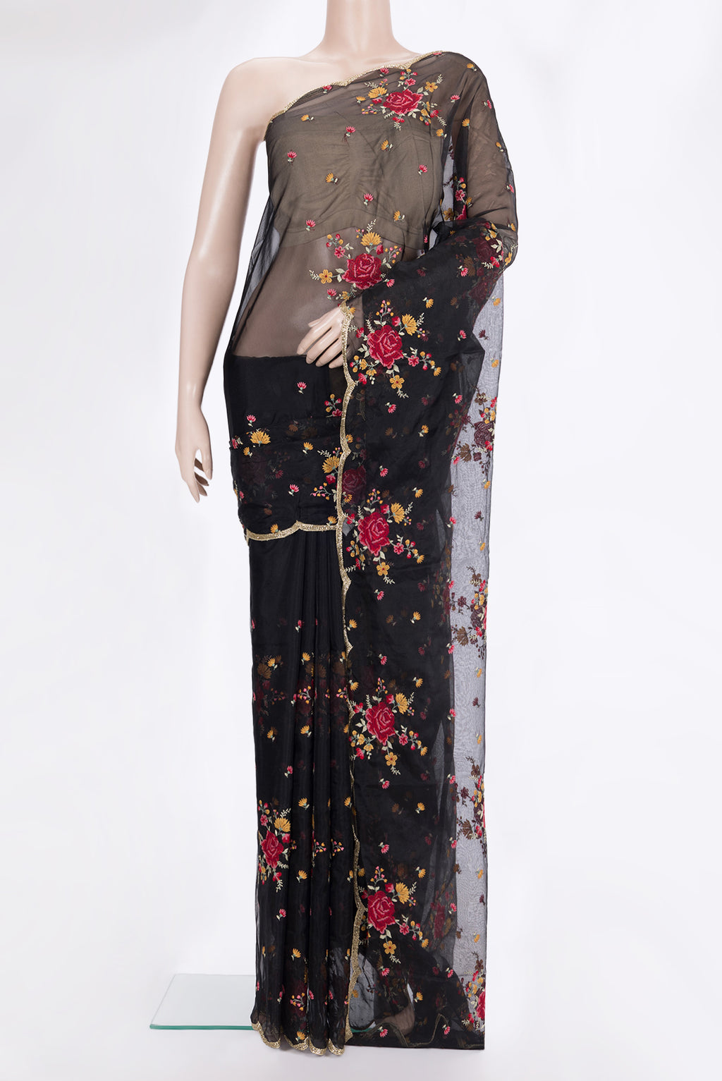 Black Organza Saree with Embroidered on the body and Embroidered Border.  displayed on a mannequin