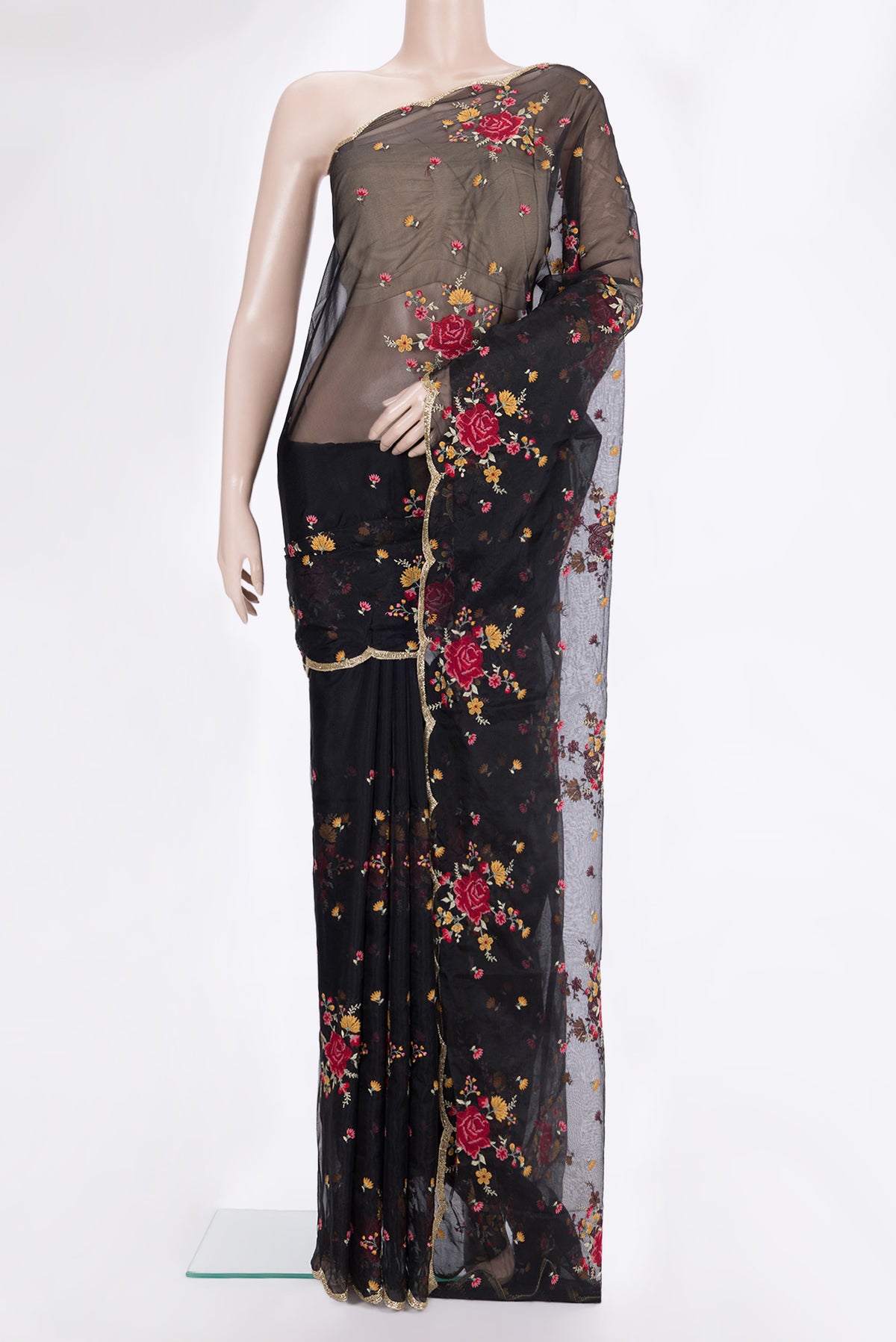 Black Organza Saree with Embroidered on the body and Embroidered Border.  displayed on a mannequin