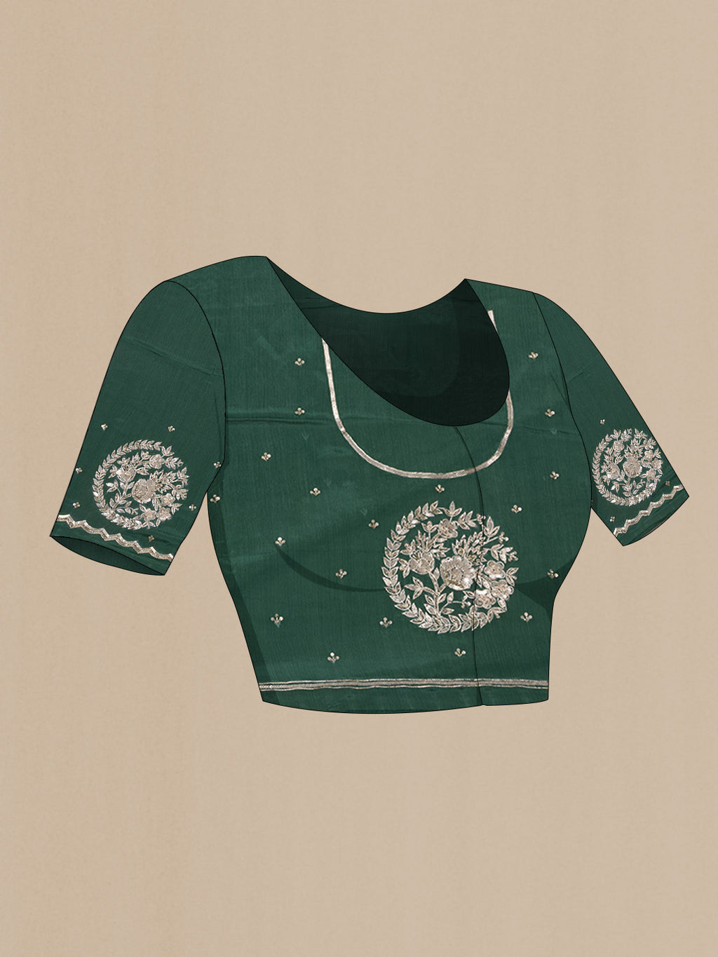 Close up image of the blouse of Bottle Green Crepe Saree with Embroidered on the body and Sequin Border. 