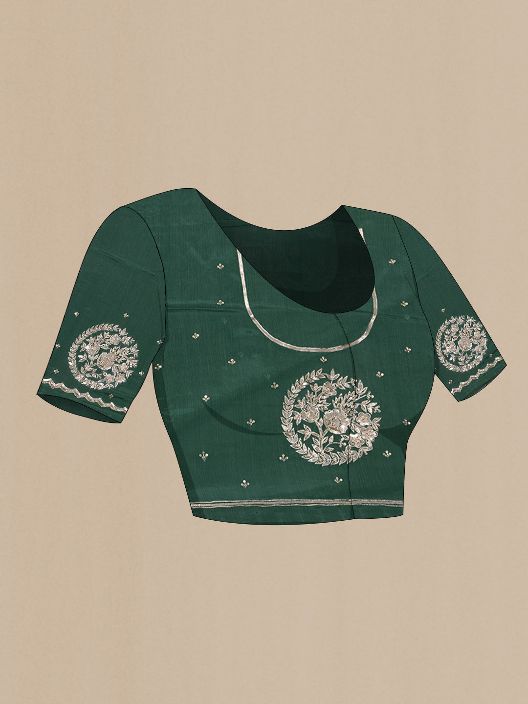 Close up image of the blouse of Bottle Green Crepe Saree with Embroidered on the body and Sequin Border. 