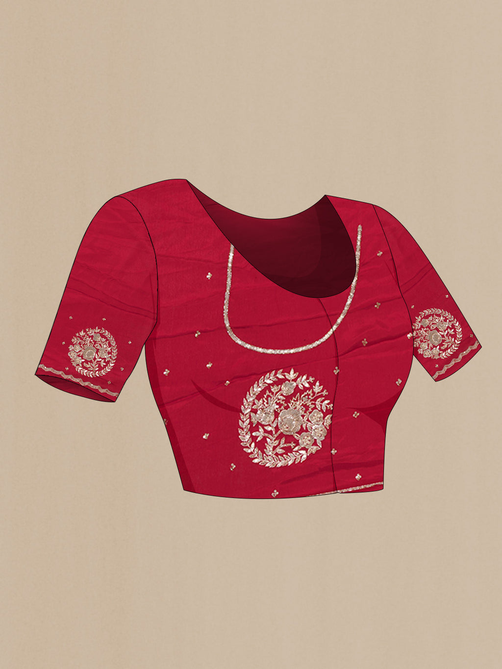 Close up image of the blouse of Red Crepe Saree with Embroidered on the body and Sequin Border. 
