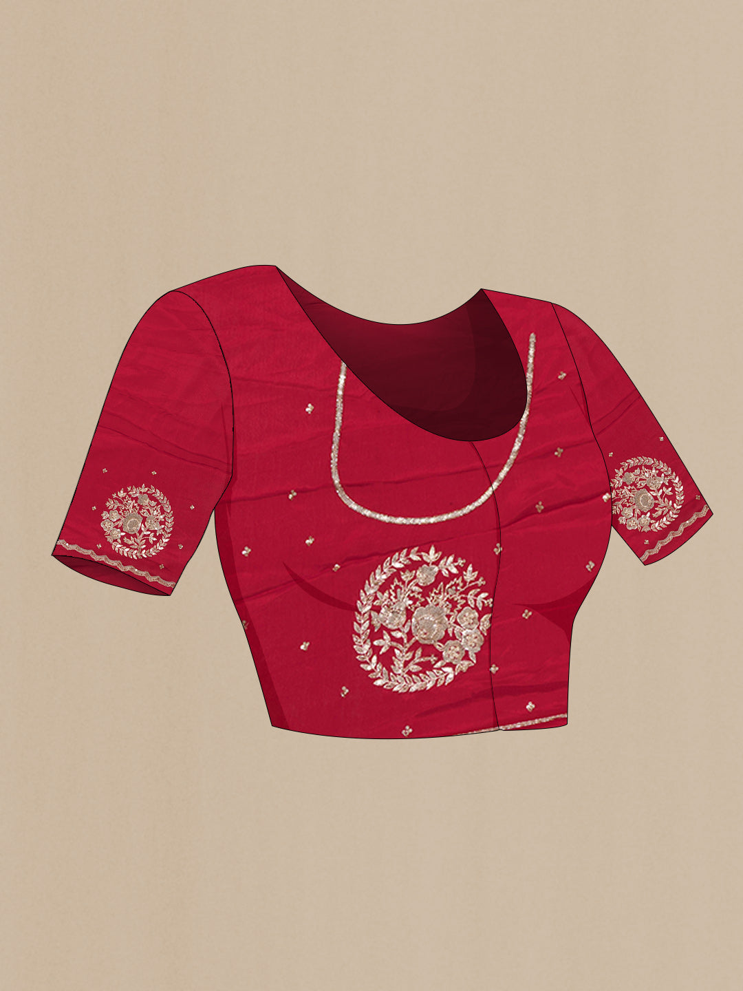 Close up image of the blouse of Red Crepe Saree with Embroidered on the body and Sequin Border. 