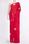 Red Crepe Saree with Embroidered on the body and Sequin Border.  displayed on a mannequin