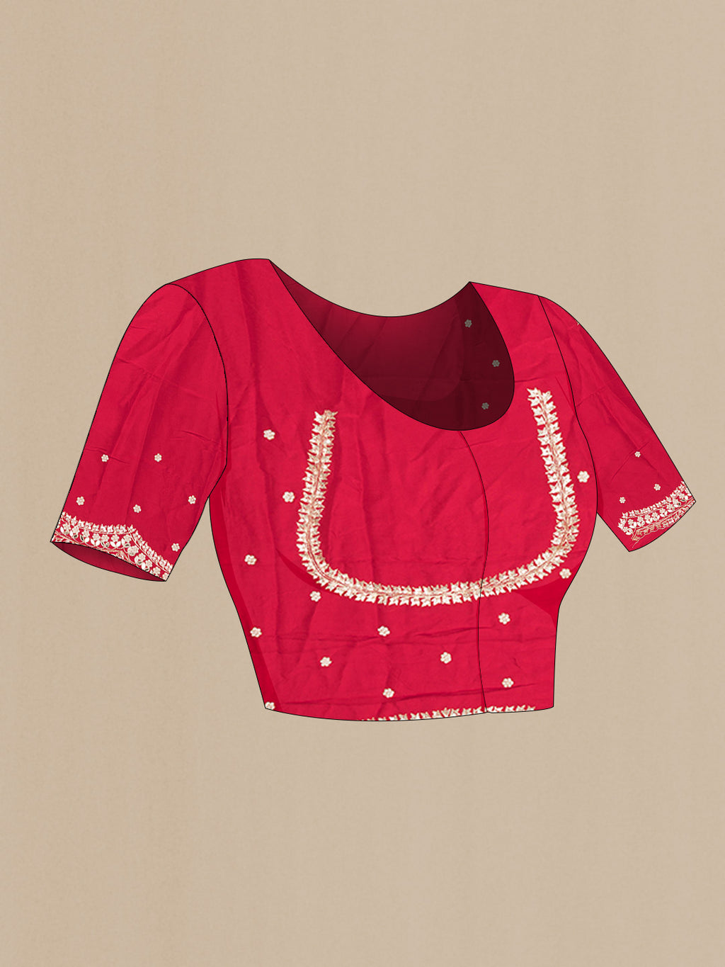 Close up image of the blouse of Red Crepe Saree with Embroidered on the body and Sequin Border. 