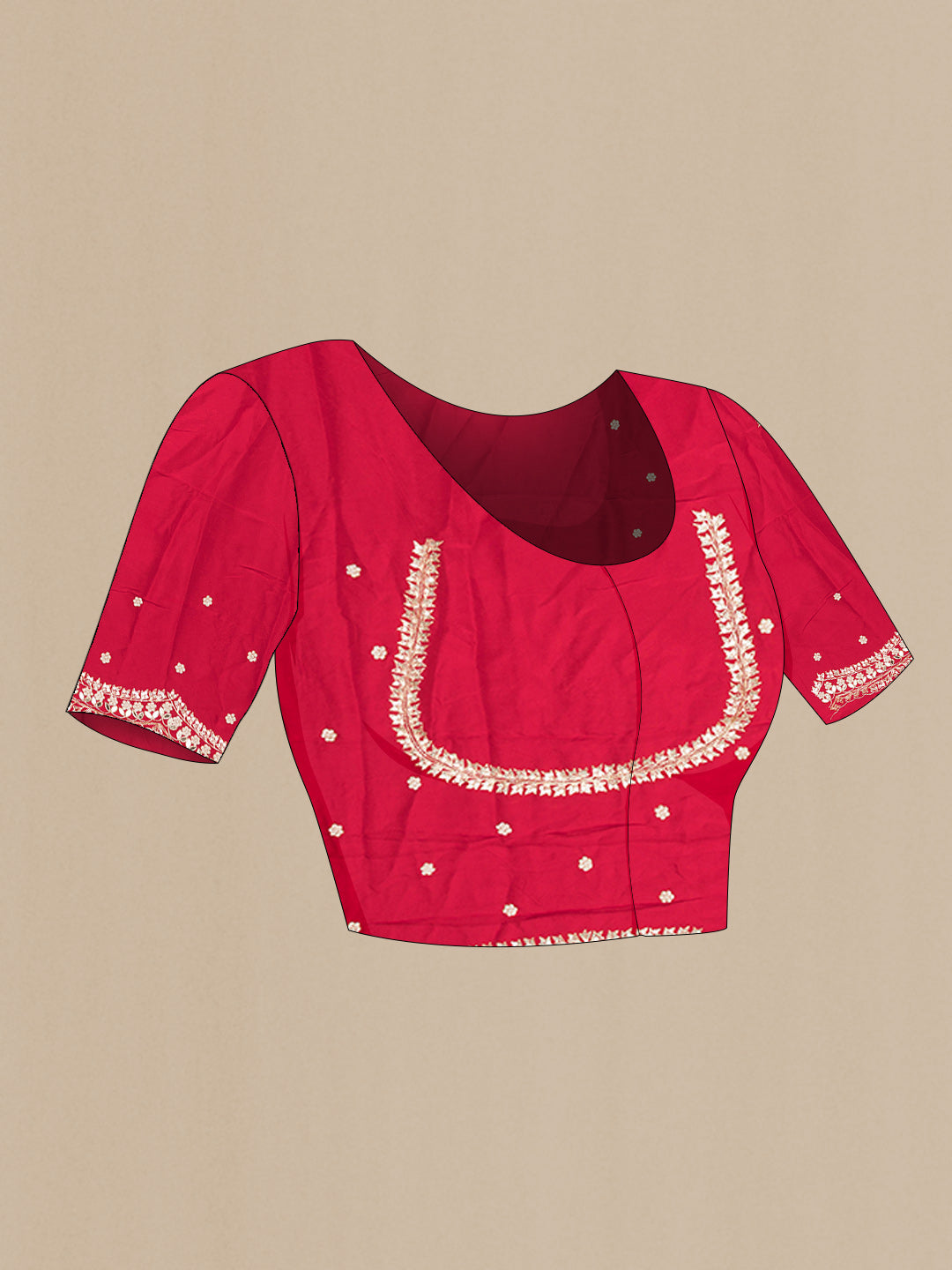 Close up image of the blouse of Red Crepe Saree with Embroidered on the body and Sequin Border. 