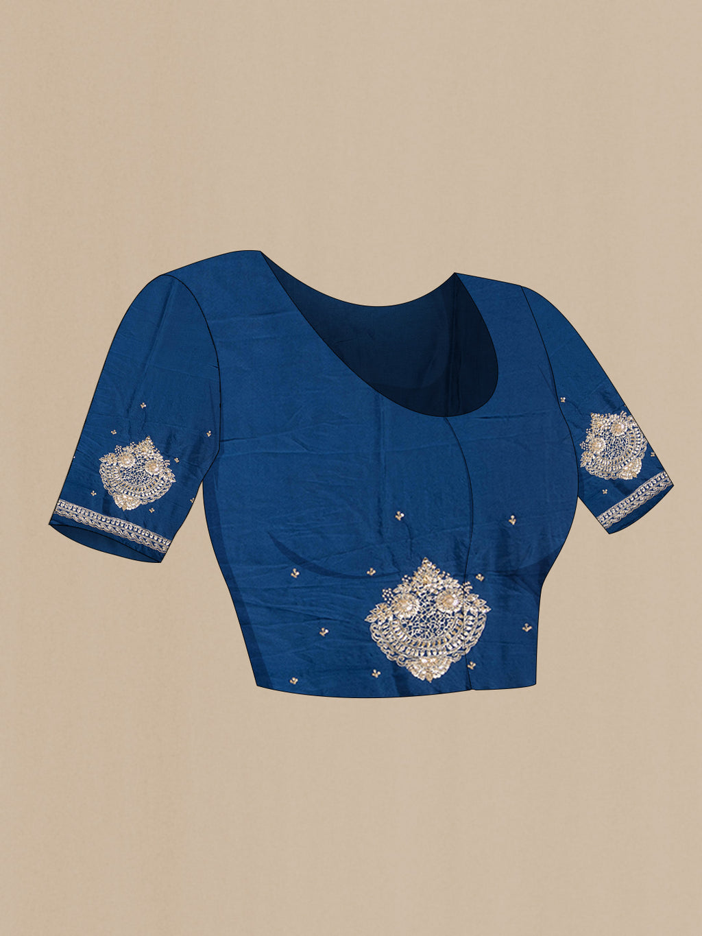 Close up image of the blouse of Peacock Blue Crepe Saree with Embroidered on the body and Embroidered Border. 