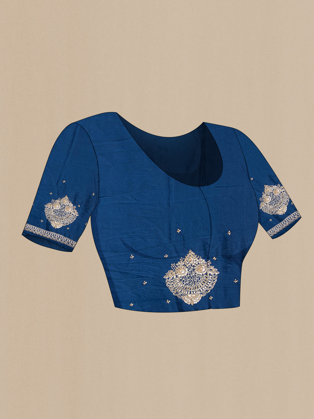 Close up image of the blouse of Peacock Blue Crepe Saree with Embroidered on the body and Embroidered Border. 