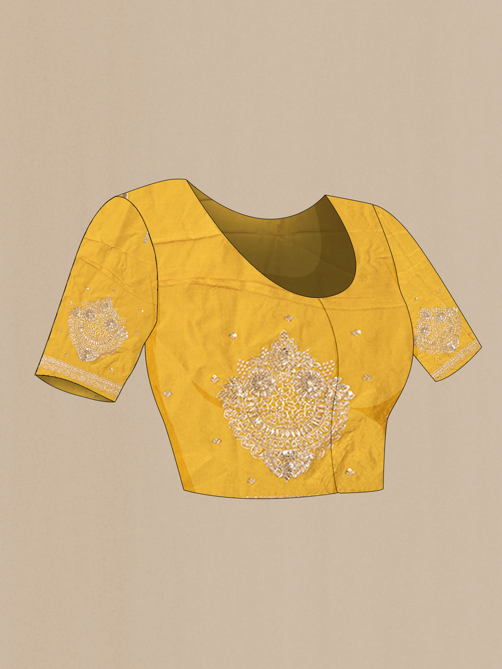 Close up image of the blouse of Yellow Crepe Saree with Embroidered on the body and Embroidered Border. 