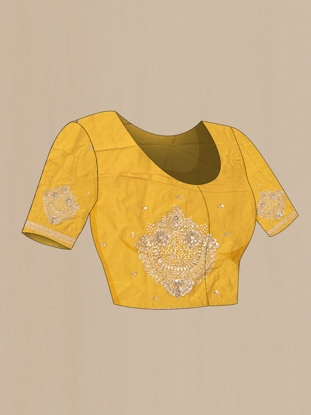 Close up image of the blouse of Yellow Crepe Saree with Embroidered on the body and Embroidered Border. 