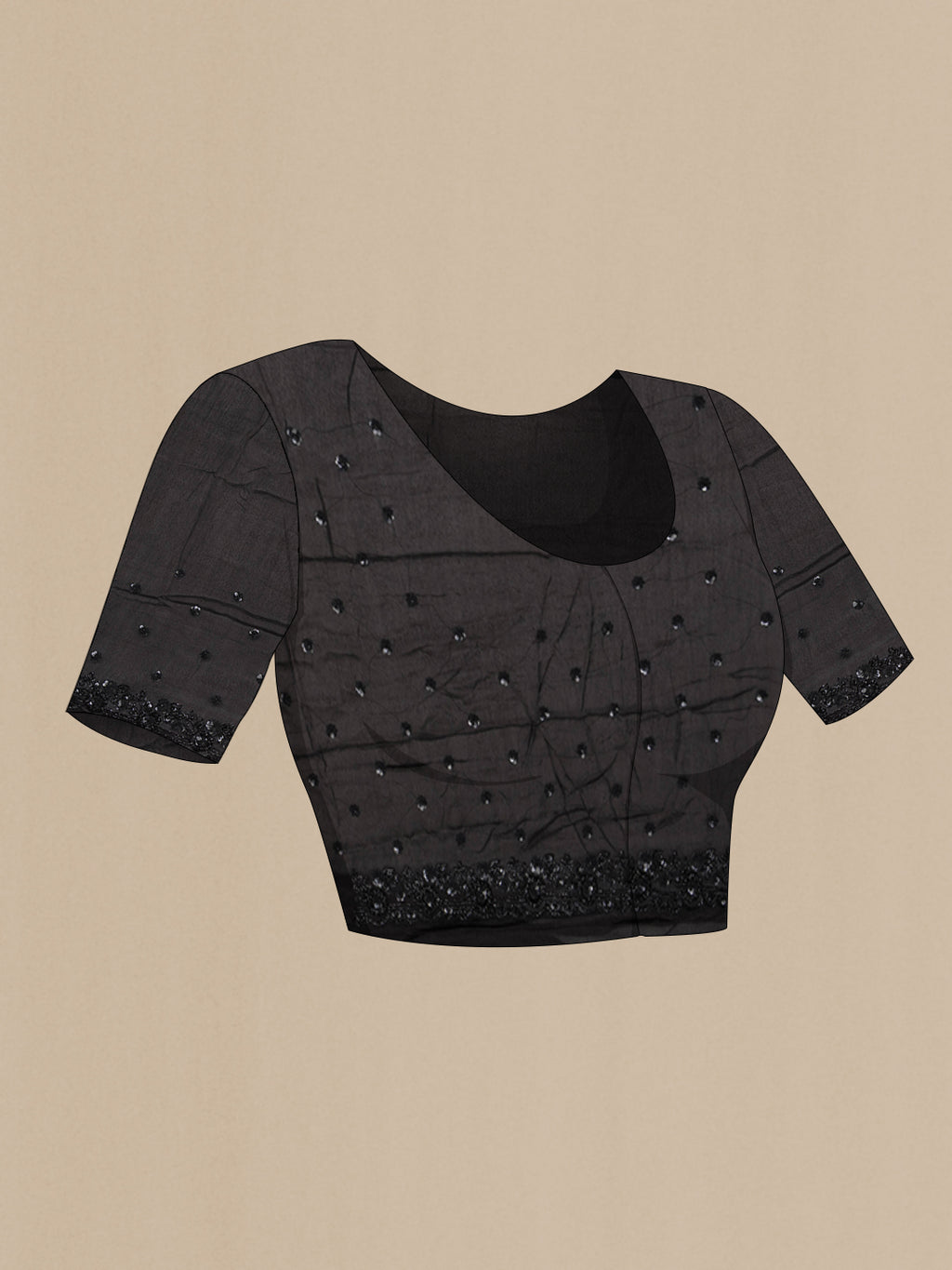 Close up image of the blouse of Black Crepe Saree with Embroidered on the body and Sequin Border. 