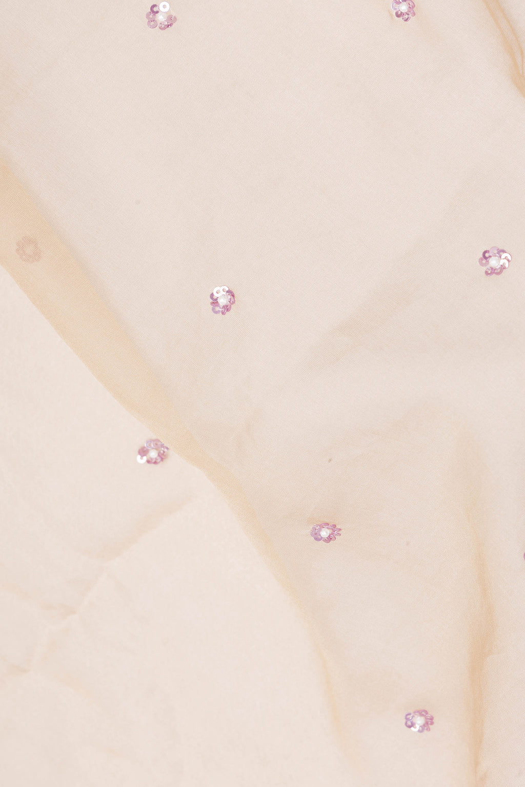 Close up of Dark Beige Organza Saree with Embroidery on the body and Sequin Border.  displaying folds