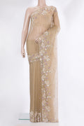 Dark Beige Organza Saree with Embroidery on the body and Sequin Border.  displayed on a mannequin