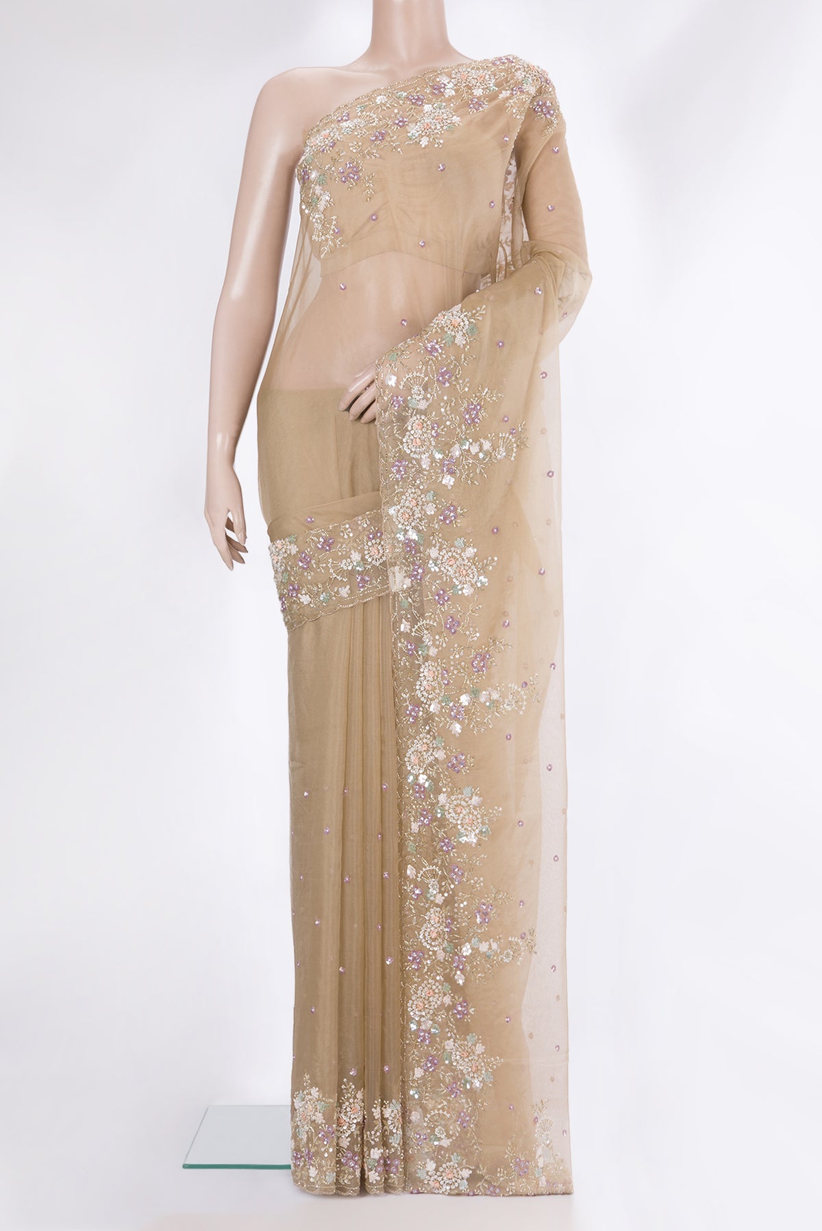 Dark Beige Organza Saree with Embroidery on the body and Sequin Border.  displayed on a mannequin
