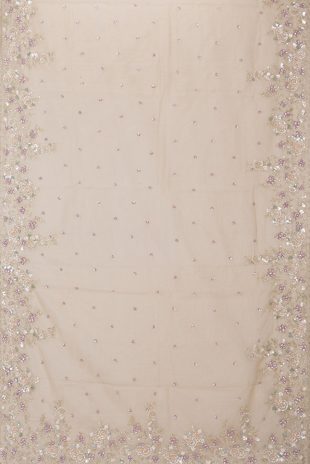 Flat view of Dark Beige Organza Saree with Embroidery on the body and Sequin Border. 
