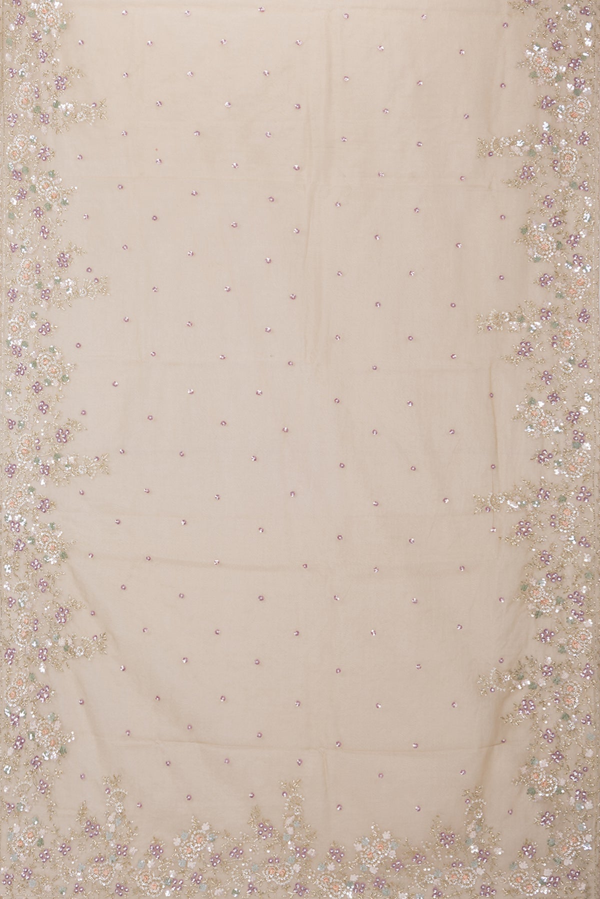 Flat view of Dark Beige Organza Saree with Embroidery on the body and Sequin Border. 