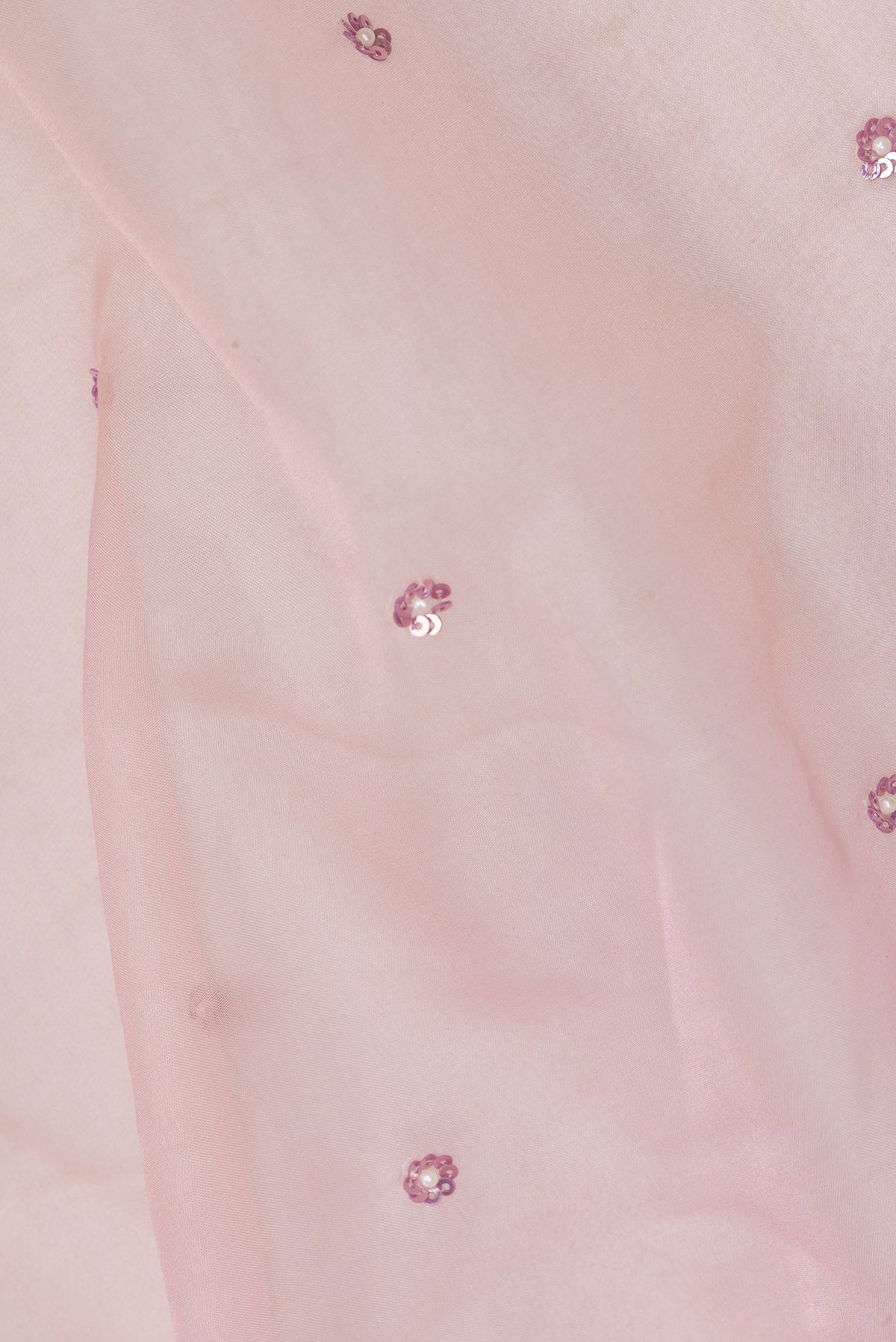 Close up of Golden Peach Organza Saree with Embroidered on the body and Sequin Border.  displaying folds