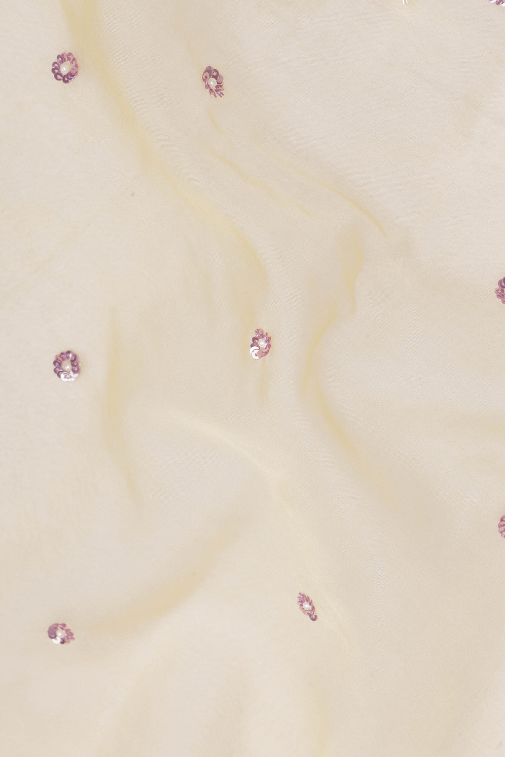 Close up of Sandal Organza Saree with Embroidery on the body and Sequin Border.  displaying folds