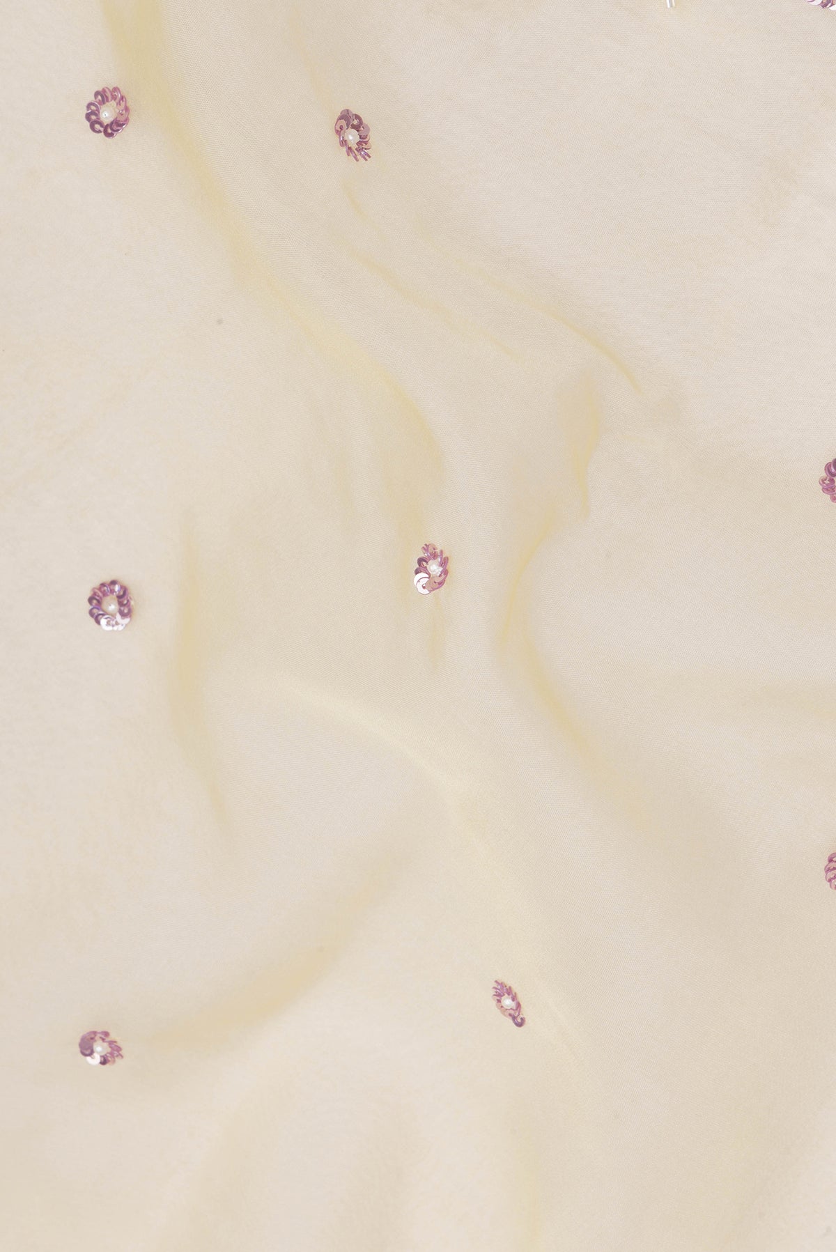 Close up of Sandal Organza Saree with Embroidery on the body and Sequin Border.  displaying folds