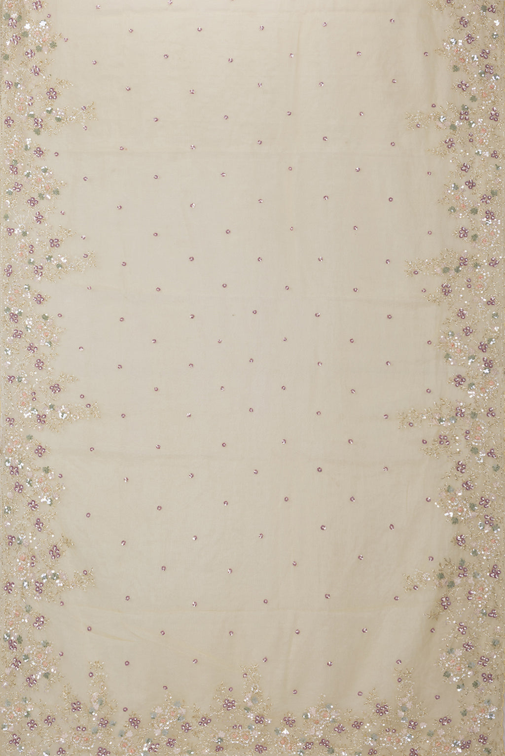 Flat view of Sandal Organza Saree with Embroidery on the body and Sequin Border. 