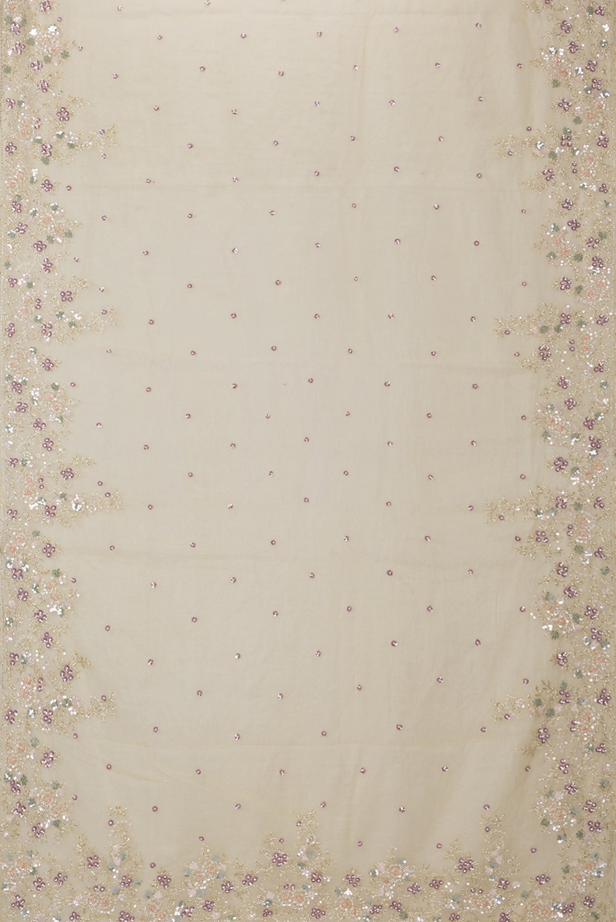 Flat view of Sandal Organza Saree with Embroidery on the body and Sequin Border. 