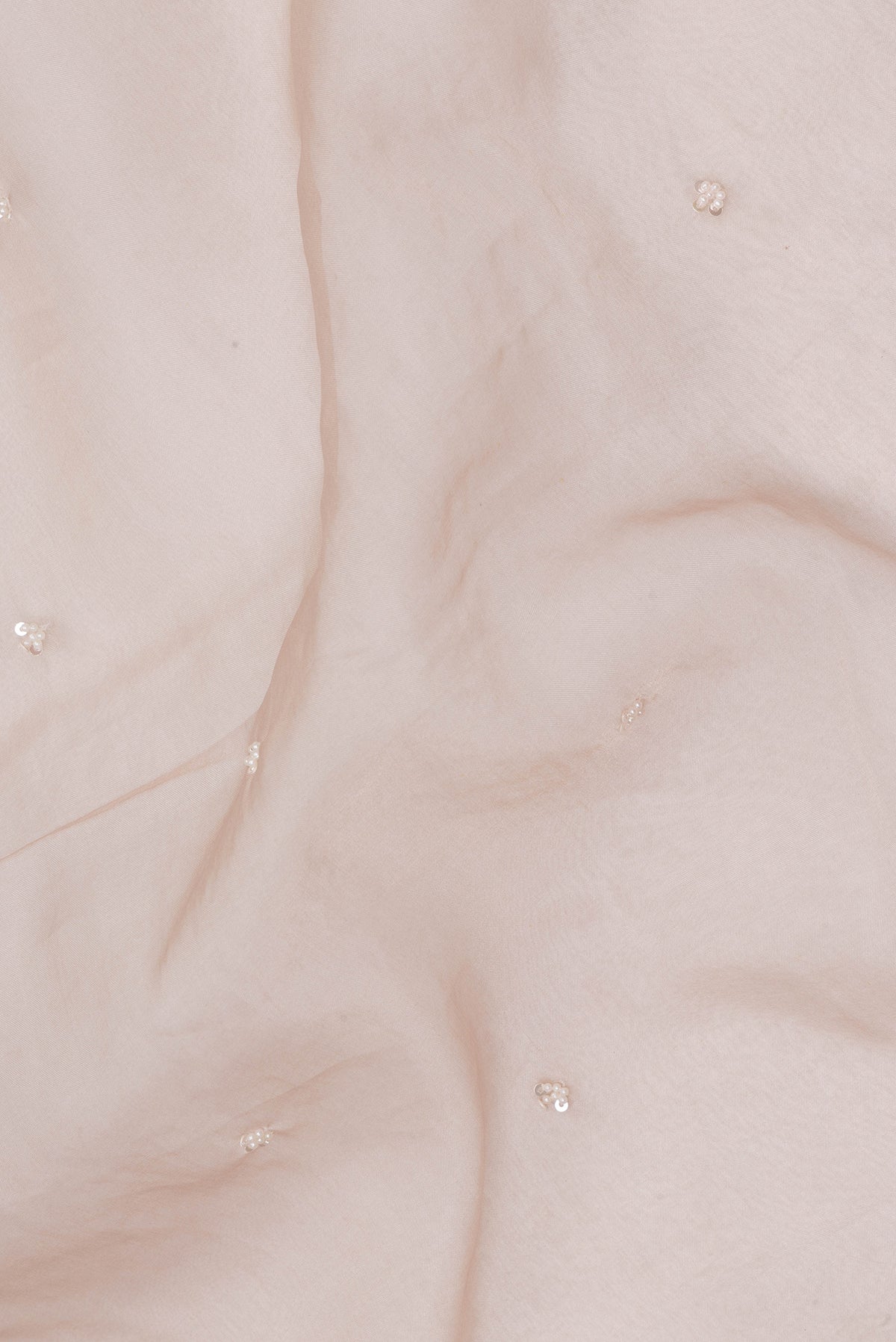 Close up of Dark Beige Organza Saree with Embroidery on the body and Sequin Border.  displaying folds