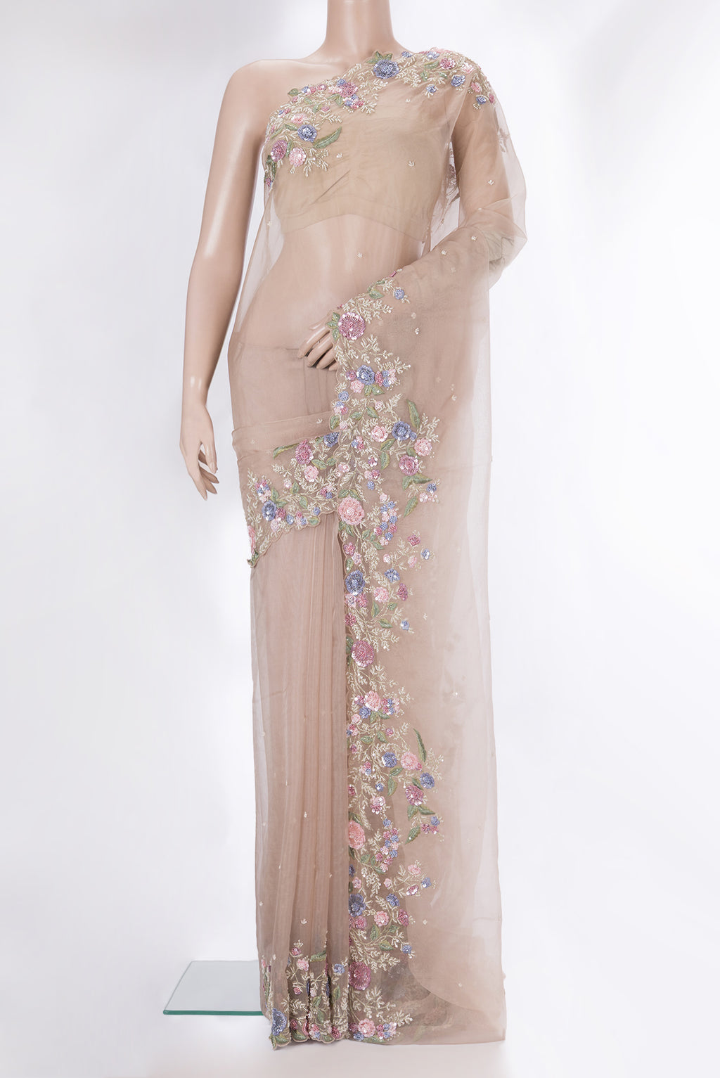 Dark Beige Organza Saree with Embroidery on the body and Sequin Border.  displayed on a mannequin