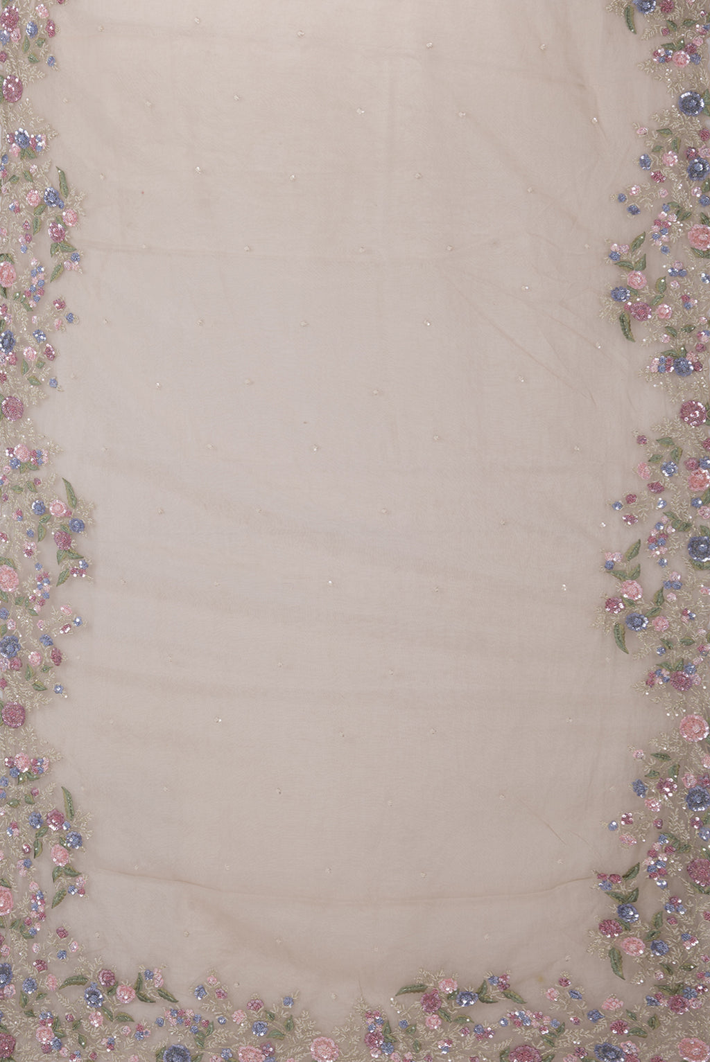 Flat view of Dark Beige Organza Saree with Embroidery on the body and Sequin Border. 