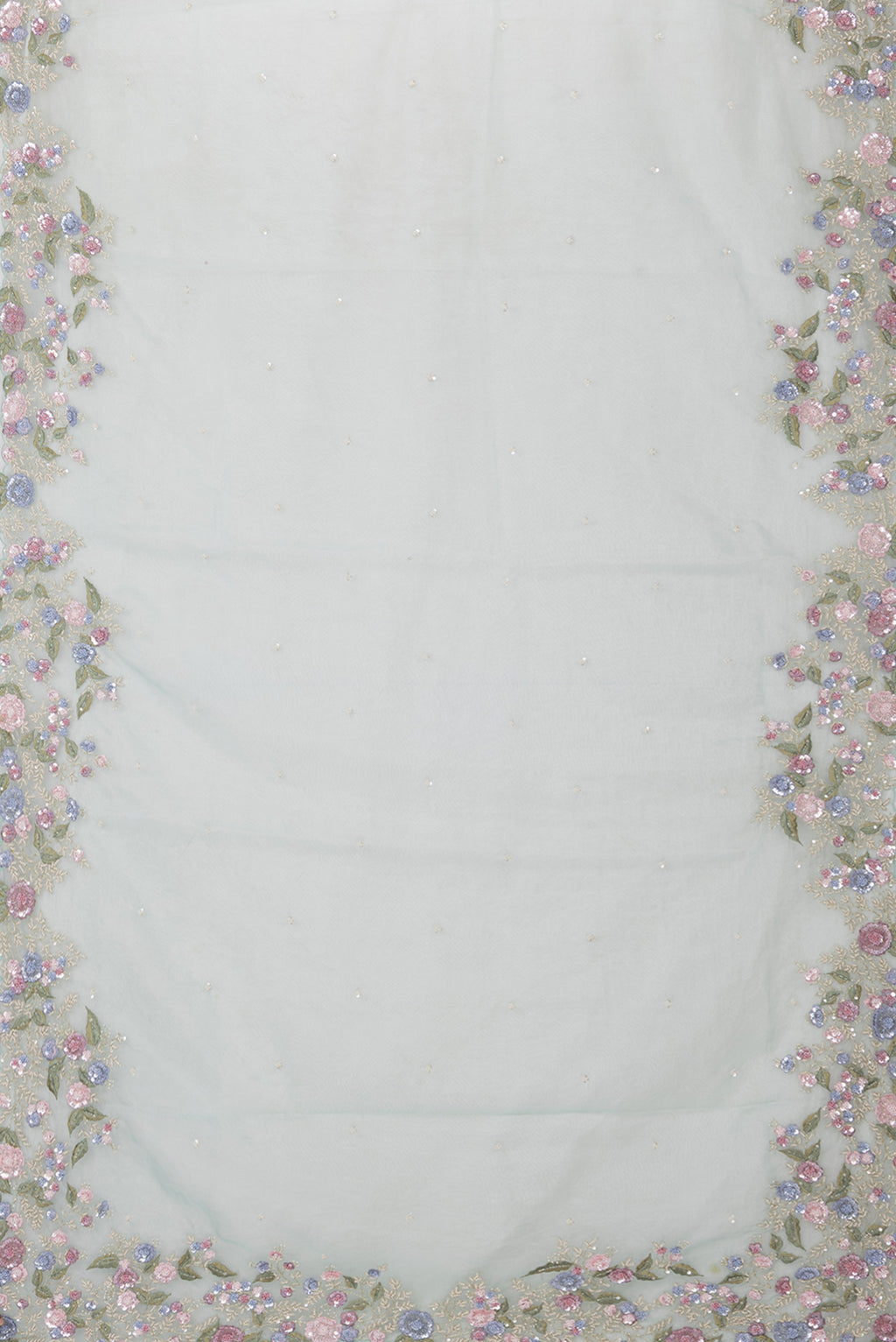 Flat view of Light Blue Organza Saree with Embroidery on the body and Sequin Border. 
