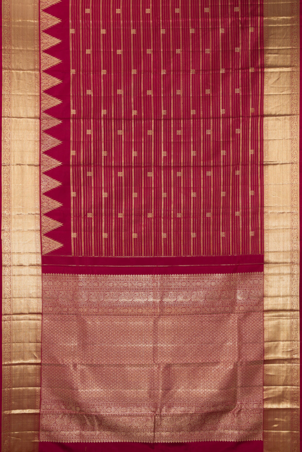 Flat view of Pure Silk Maroon Kanchipuram Saree with Stripes on the body and Zari Border. 
