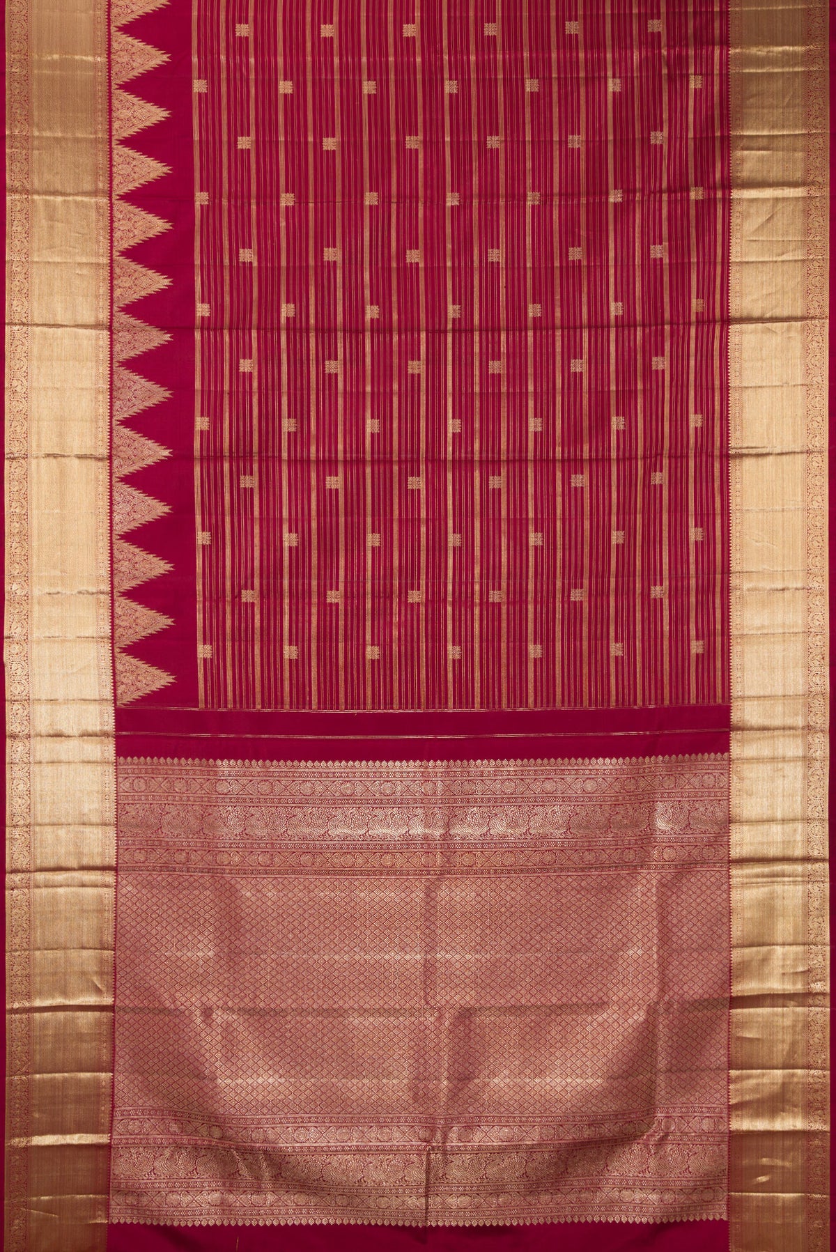Flat view of Pure Silk Maroon Kanchipuram Saree with Stripes on the body and Zari Border. 