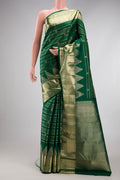 Bottle Green Kanchipuram Silk Saree with Stripes on the body and Fancy Border.  displayed on a mannequin