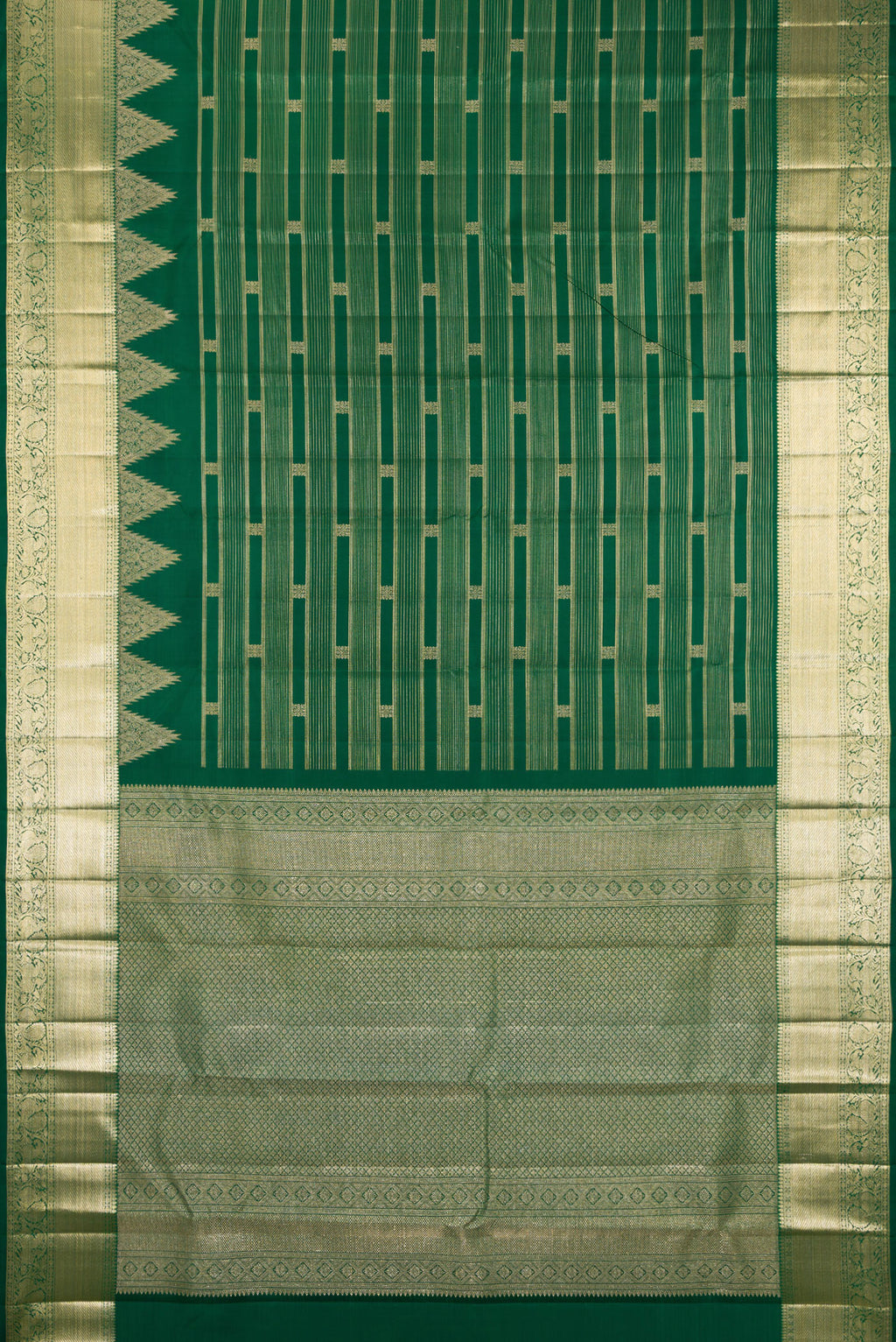 Flat view of Bottle Green Kanchipuram Silk Saree with Stripes on the body and Fancy Border. 