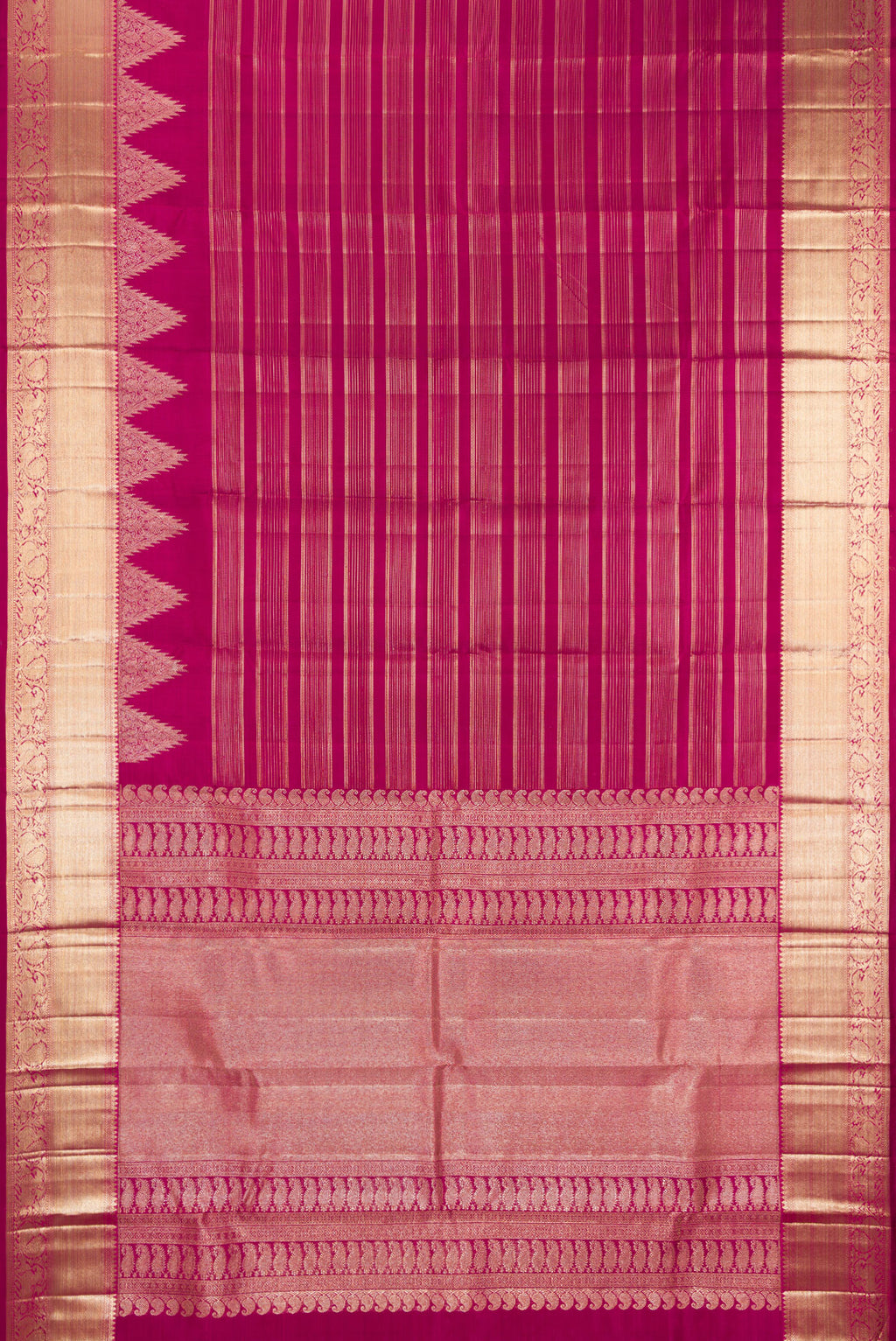 Flat view of Magenta Kanchipuram Silk Saree with Stripes on the body and Fancy Border. 