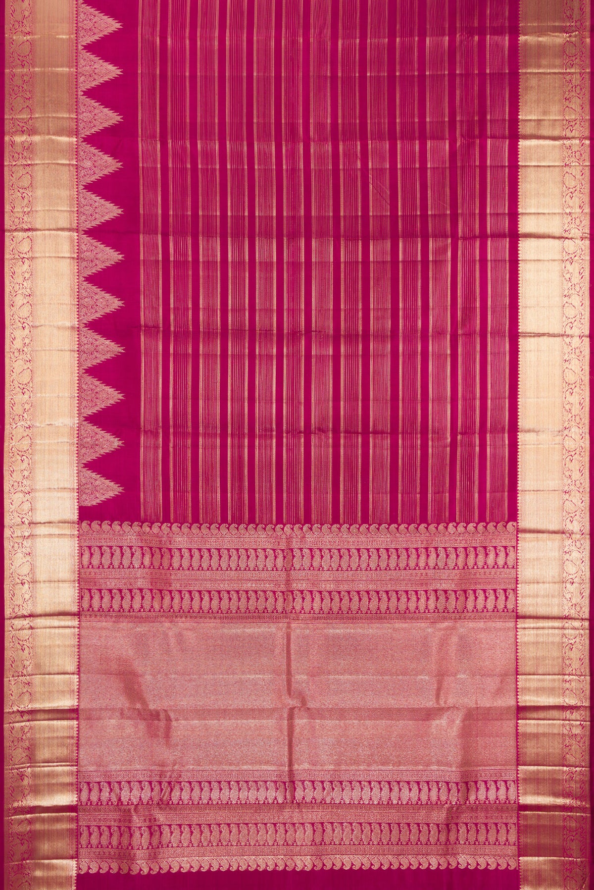Flat view of Magenta Kanchipuram Silk Saree with Stripes on the body and Fancy Border. 