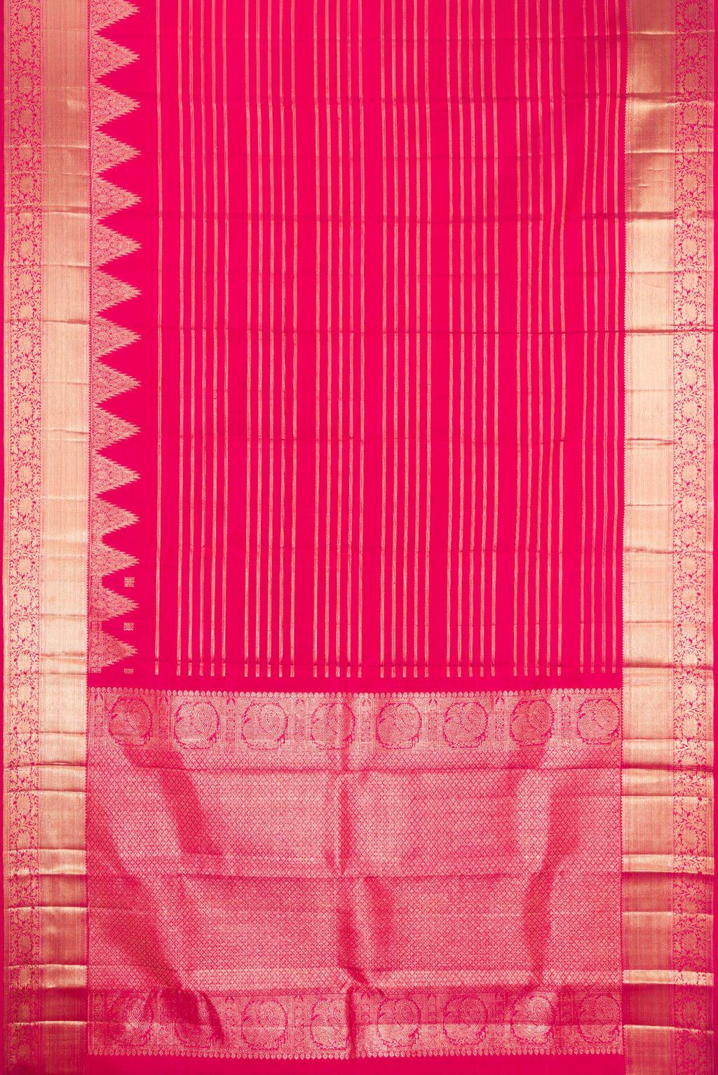 Flat view of Dark Pink Dual Tone Kanchipuram Silk Saree with Stripes on the body and Fancy Border. 