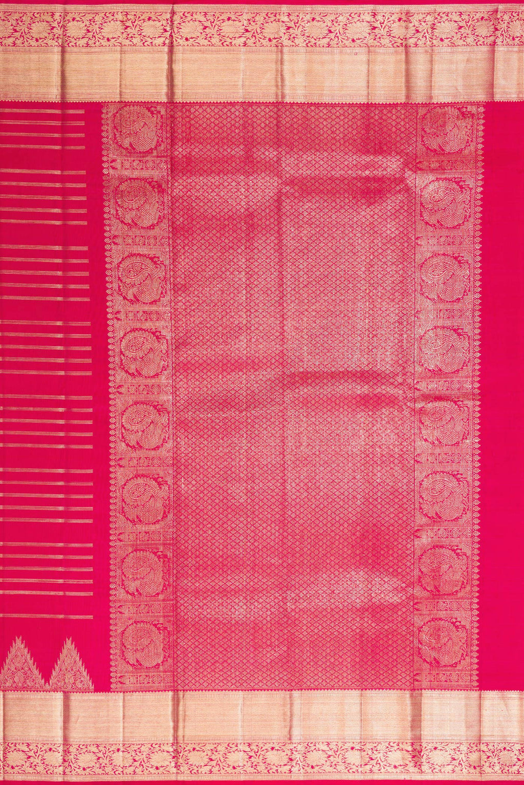 Close up image of the pallu of Pure Silk Pink Kanchipuram Saree with Stripes on the body and Fancy Border. 