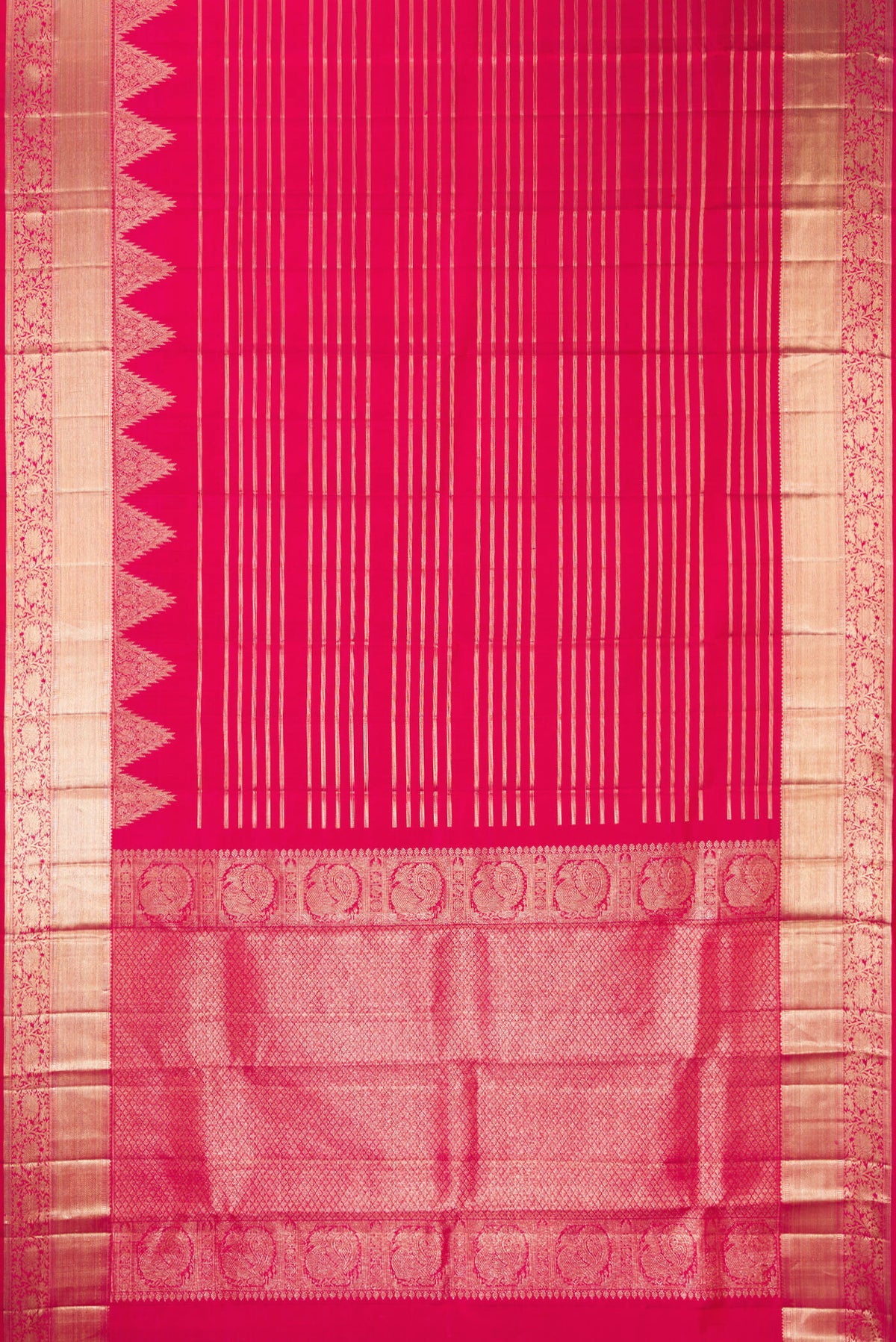 Flat view of Pure Silk Pink Kanchipuram Saree with Stripes on the body and Fancy Border. 