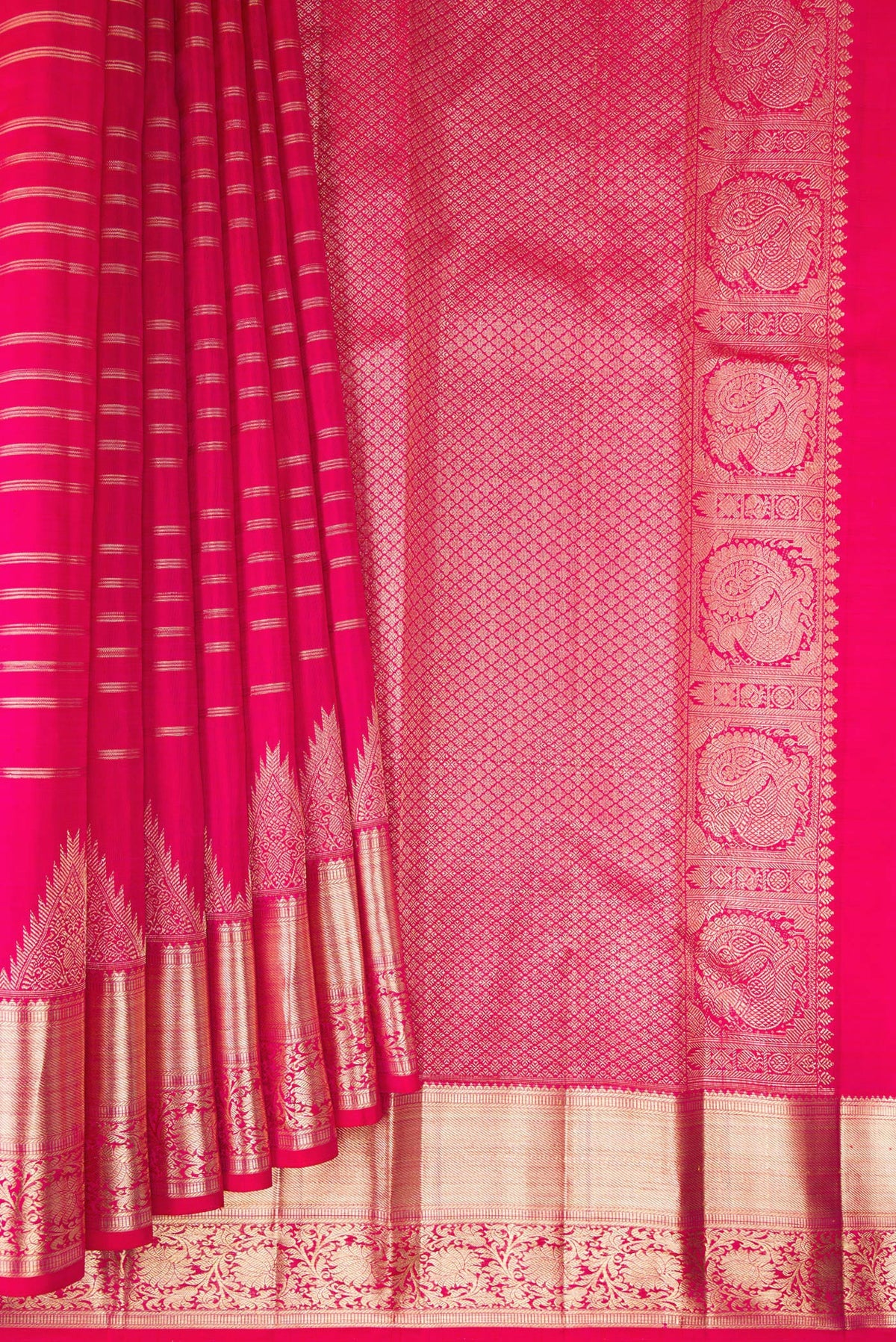 Pleats and pallu of Pure Silk Pink Kanchipuram Saree with Stripes on the body and Fancy Border. 