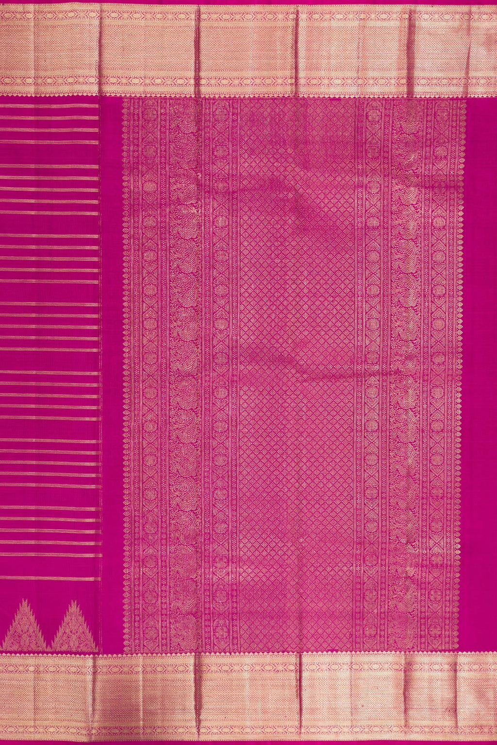 Close up image of the pallu of Pure Silk Rani Pink Kanchipuram Saree with Stripes on the body and Zari Border. 