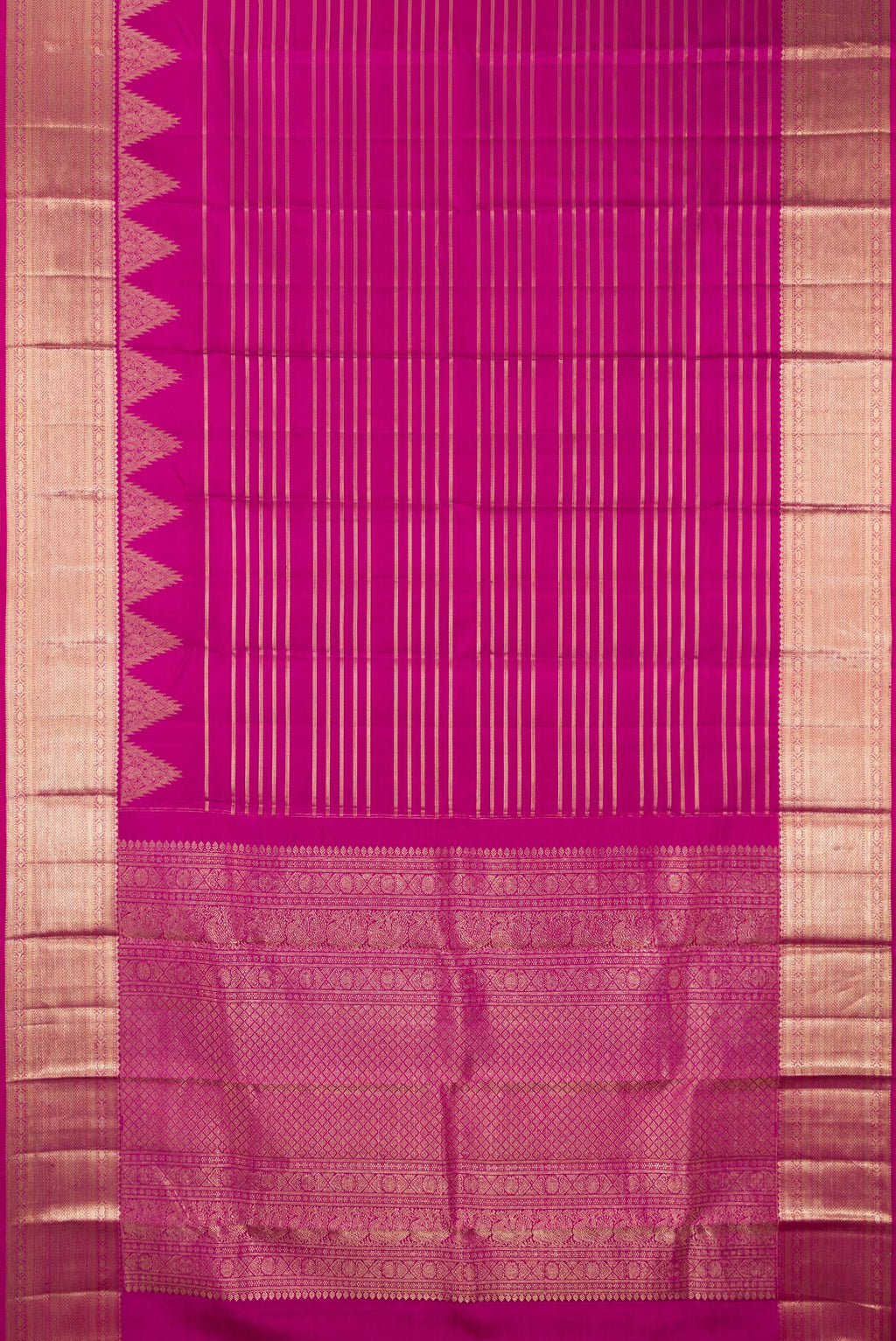 Flat view of Pure Silk Rani Pink Kanchipuram Saree with Stripes on the body and Zari Border. 