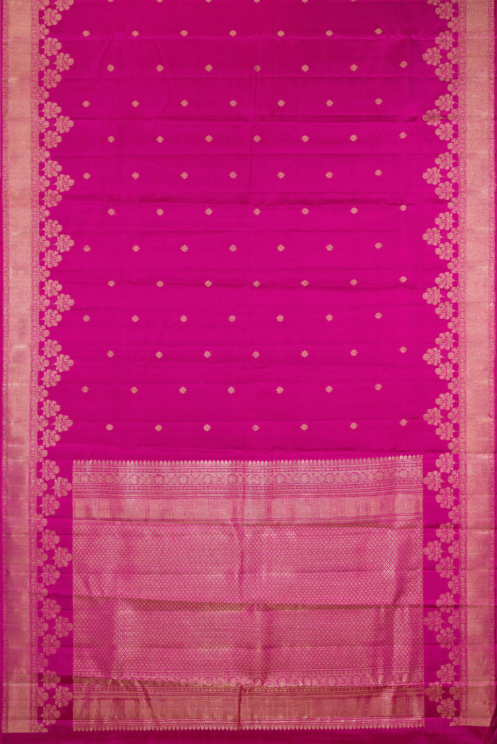 Flat view of Pure Silk Magenta Kanjivaram Saree with Zari Butta on the body and Fancy Border. 