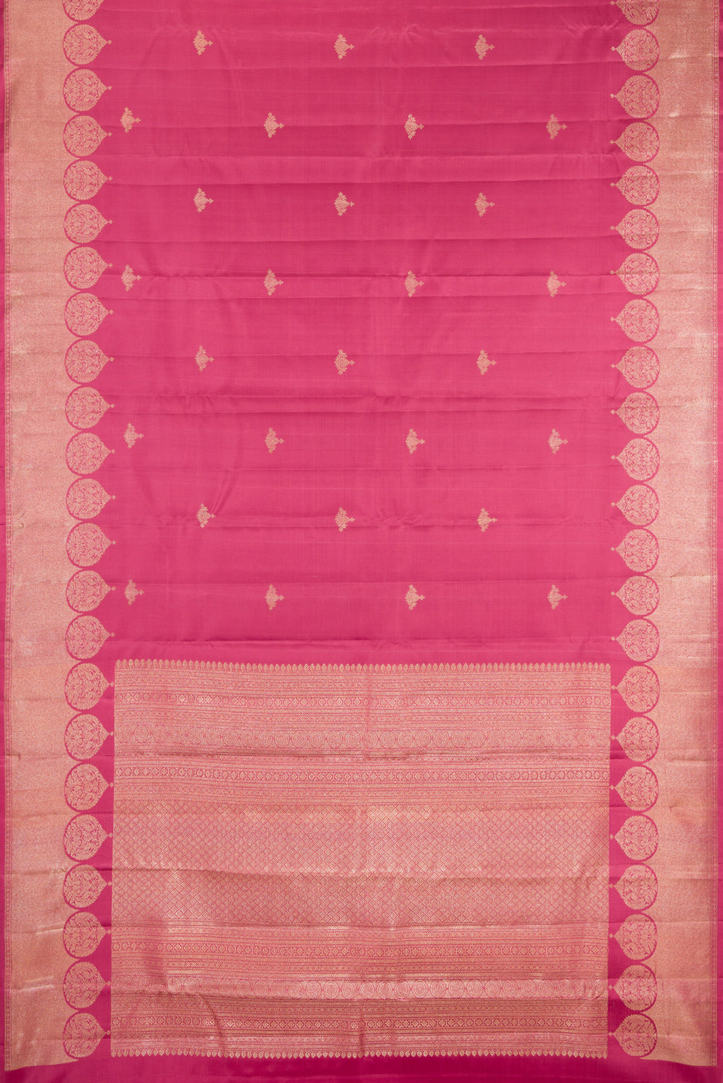Flat view of Pink Kanjivaram Silk Saree with Zari Butta on the body and Fancy Border. 
