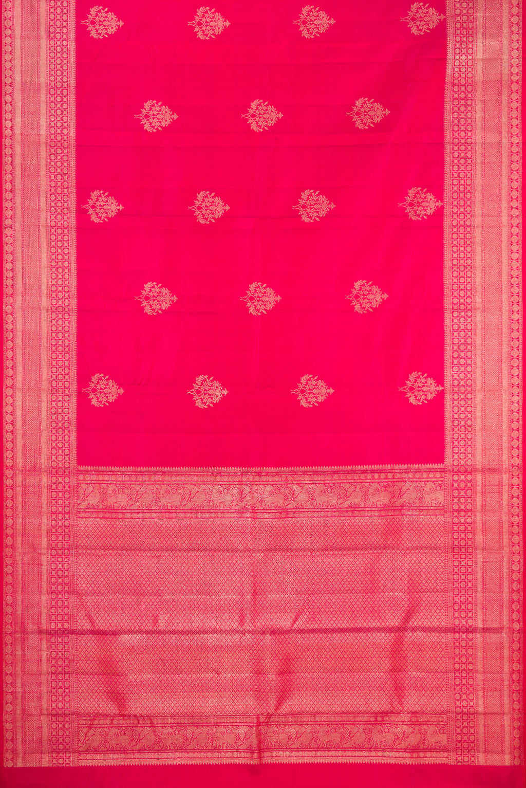 Flat view of Dark Pink Kanjivaram Silk Saree with Zari Butta on the body and Zari Border. 